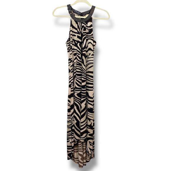 Y2K Brown Zebra Print Flowy Leather Buckle Halter Neck Maxi Dress - Picture 3 of 15